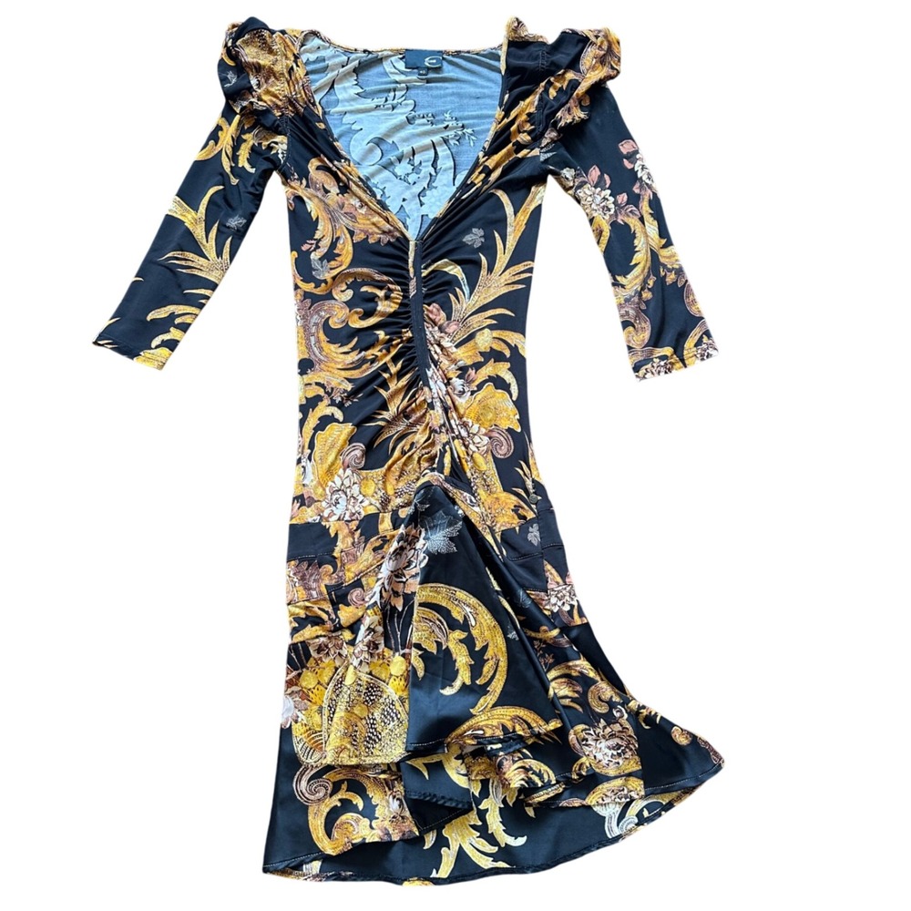 Just Cavalli Womens Black Gold Baroque Floral Ruched V-Neck Mini Dress IT 40